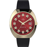 Timex Q Mens 1972 Reissue 43mm Watch - Gold-Tone Case Burgundy Dial with Black Leather Strap