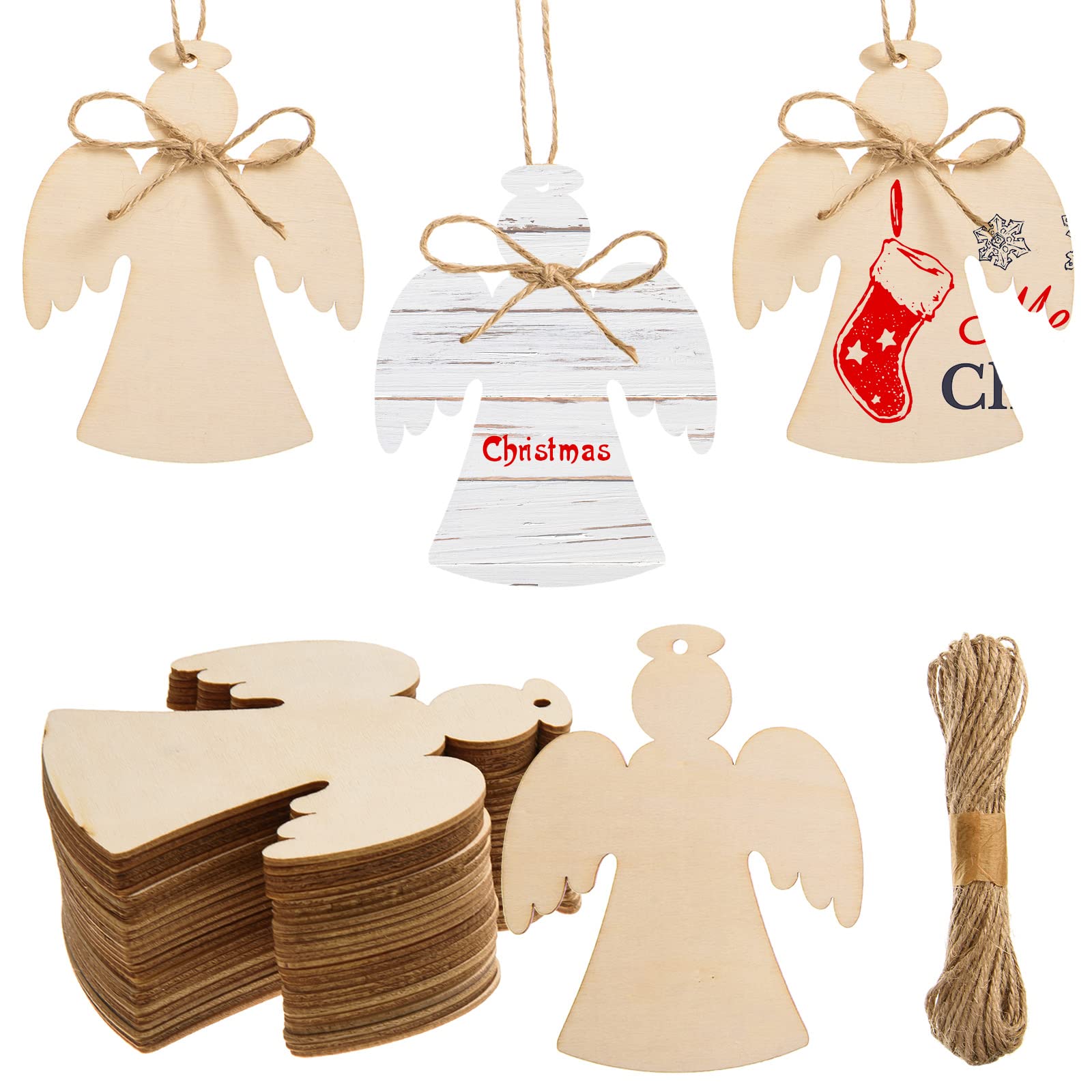 72 Pcs Christmas Angel Wooden Cutouts Unfinished Wood Angel Shape Ornaments Blank Wood Slices Wooden Christmas Haning Decoration