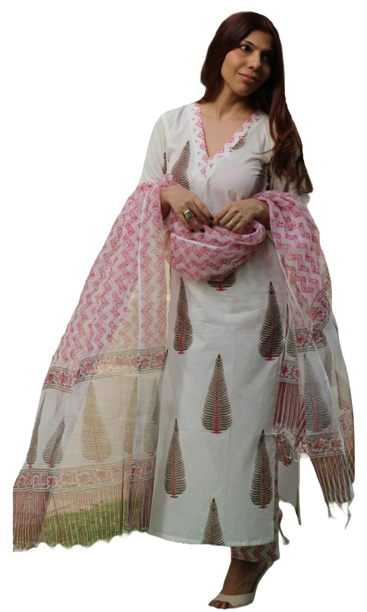 Anni Designer Women'S Rayon Blend Straight Printed Kurta With Pant & Dupatta (Basvan White_M_White_Medium),White,M