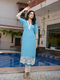 Anni Designer Women'S Cotton Blend Straight Solid Kurta With Pant (Takada Sky Blue-Nw_S_Sky Blue_Small),Sky Blue,S,,,