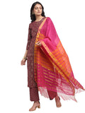 Gosriki Women'S Rayon Cotton Foil Printed Straight Kurta With Palazzo & Dupatta (Kshi Brown_L_Brown_Large),Brown,,B0976ZCFTH
