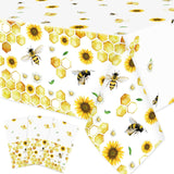Ganeen 3 Pcs Bee Party Tablecloth Disposable Plastic Table Covers Sunflower Waterproof Tablecloths for Birthday Bee Themed Party