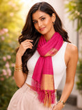 Gk Villa Rani Pink Woven Scarf With Gold Border And Fringe Tassels