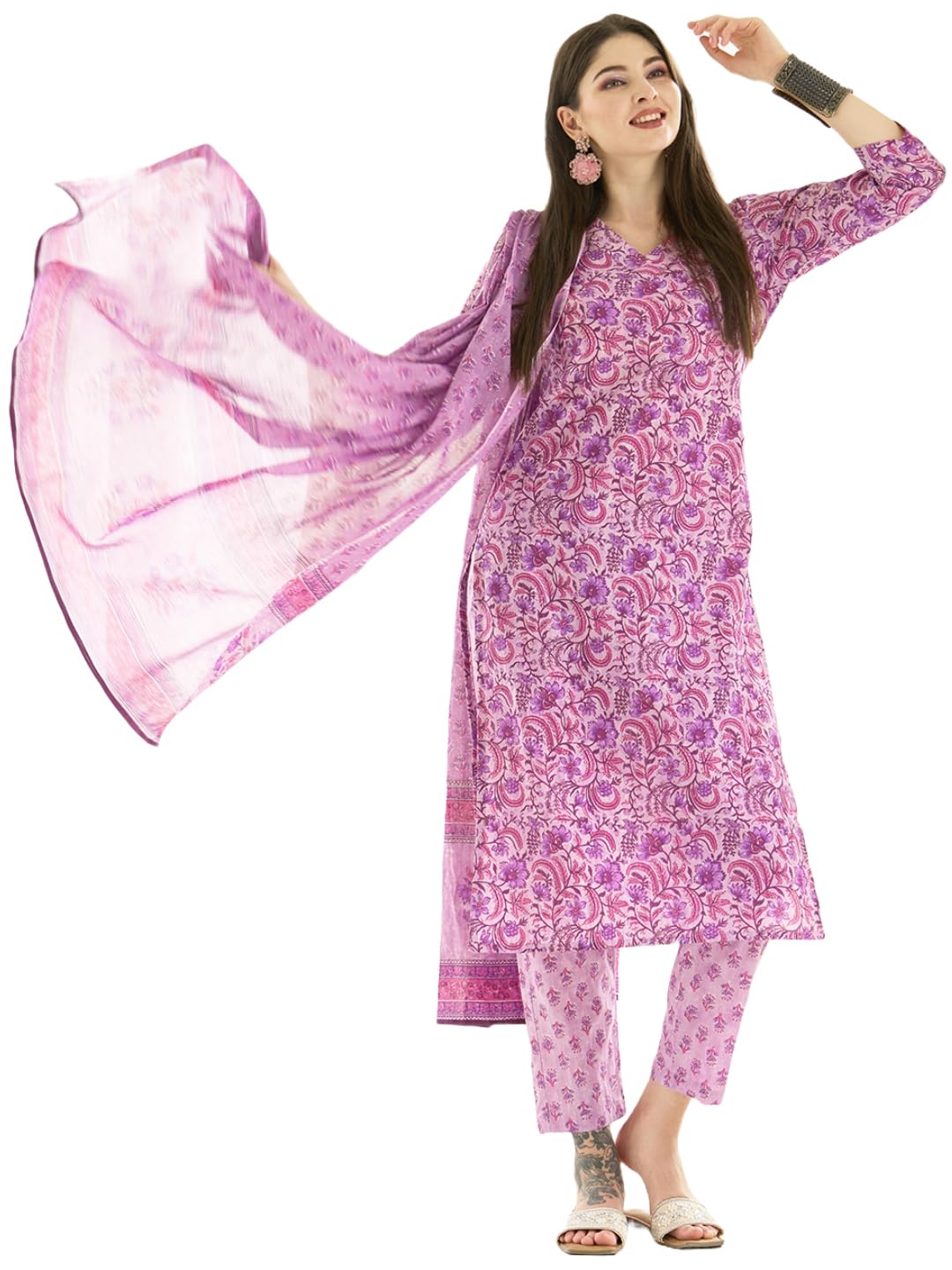 Anni Designer Women'S Cotton Blend Straight Printed Kurta With Pant Set (Sawai-Purple_S_Purple_Small),Purple,S