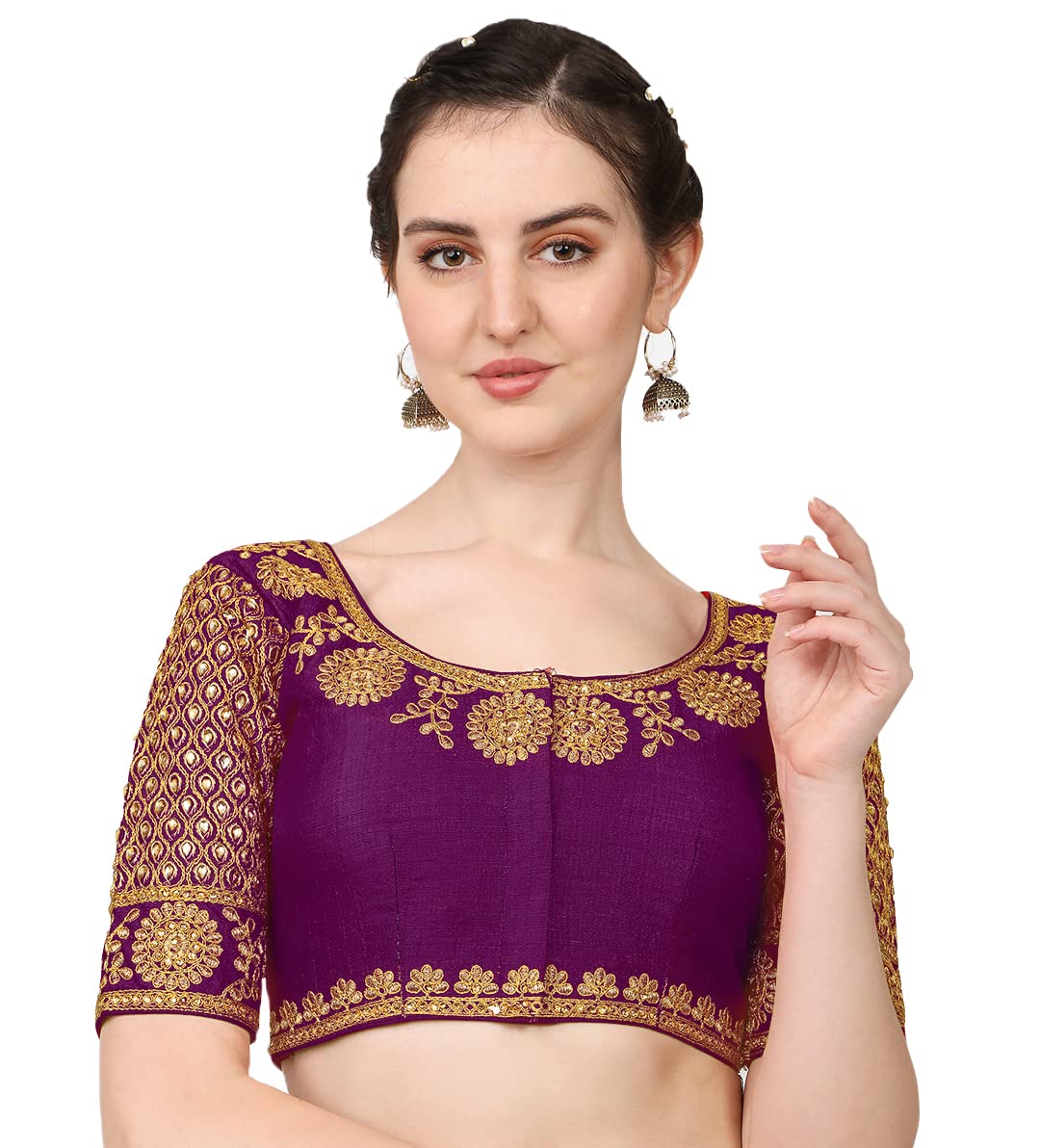 Vihu Fashion Women's Silk Floral Half Sleeve Blouse (Mayur pankh_Violet_38)