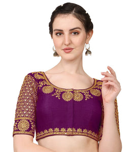 Vihu Fashion Women's Silk Floral Half Sleeve Blouse (Mayur pankh_Violet_38)