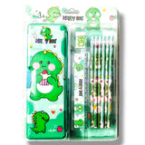 CARU CRAFT Stationery Set for Kids, School Art Kit with Pencil, Pouch, Eraser, Sharpener, Birthday Return Gift (Green Dino)