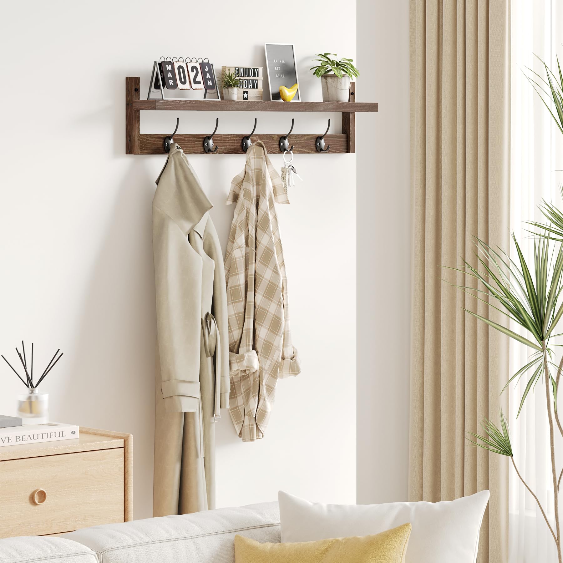 AMBIRD Wall Hooks with Shelf 28.9 Inch Length Entryway Wall Hanging Shelf Wood Coat Hooks for Wall with Shelf Wall-Mounted Coat