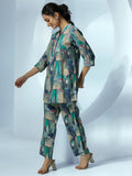 Libas Womens Printed Silk Blend Co-Ord Set For Women Blue M 49196