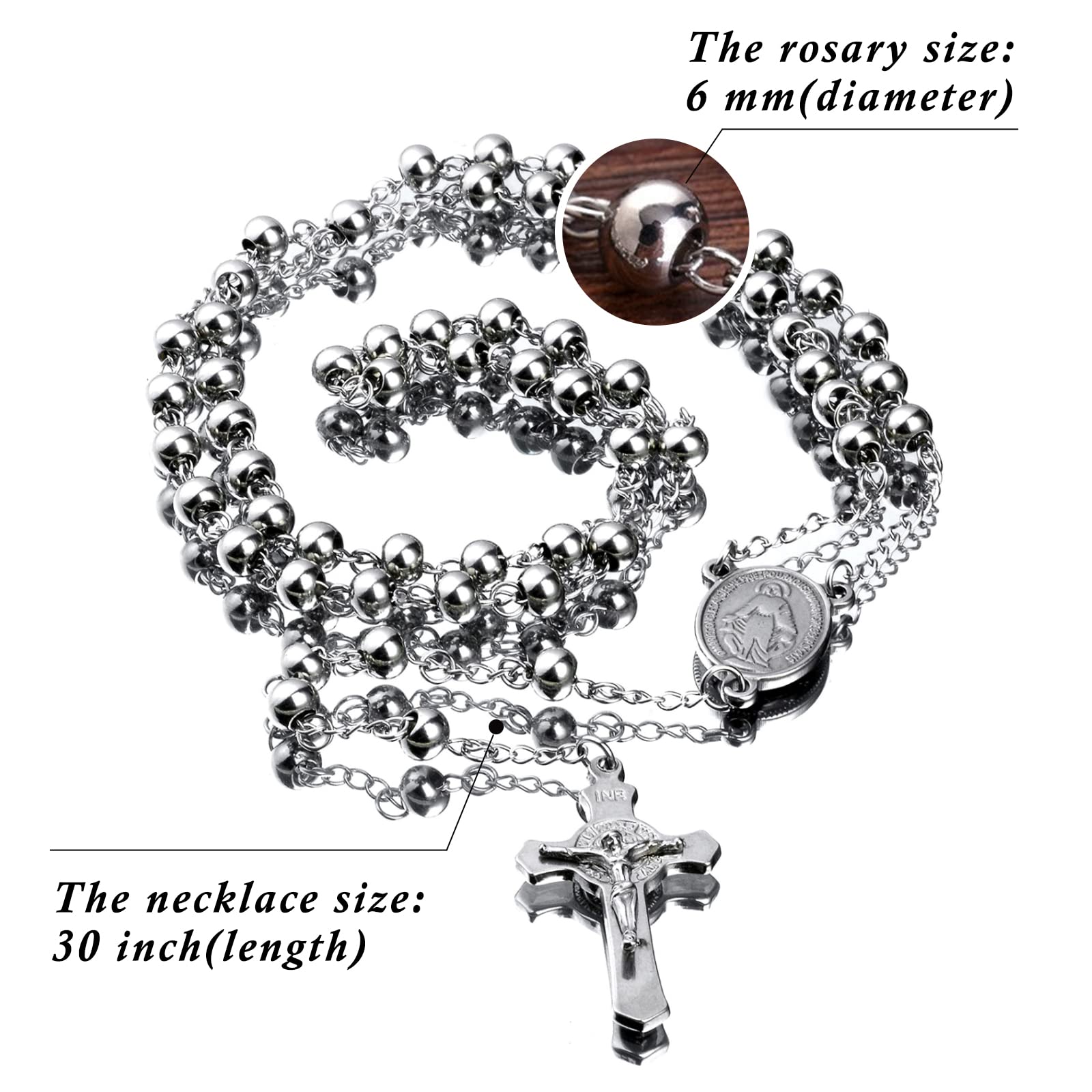 30 Stainless Steel Rosary Beads Necklace 6mm Silver Color with Jesus Christ Crucifix Cross