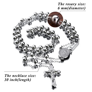 30 Stainless Steel Rosary Beads Necklace 6mm Silver Color with Jesus Christ Crucifix Cross