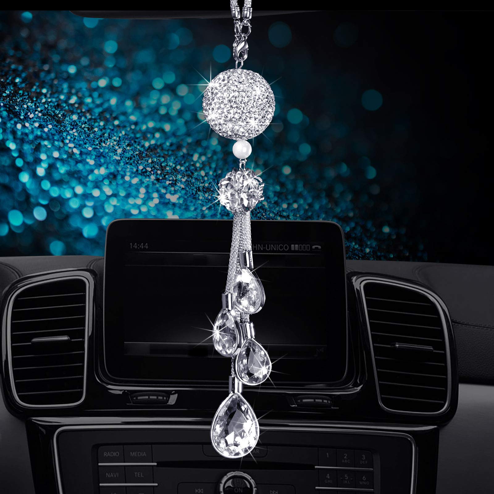 Bling Rear View Mirror Accessories For Women, Lucky Car Interior Rearview Crystal Decor Charm, Rhinestone Ball Ornament Sun Catc