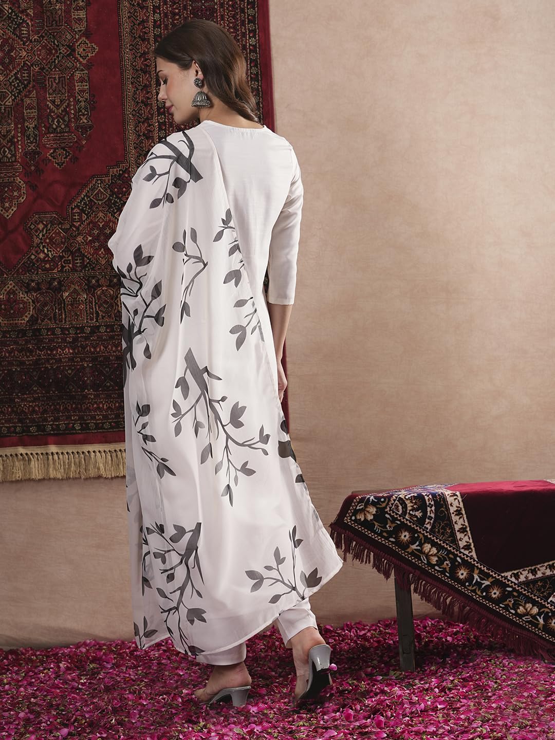 Anni Designer Women'S Cotton Blend Straight Printed Kurta With Pant & Dupatta (Jayachitra White_Xxl_White_Xx-Large),White,2XL,Rayon Blend,Regular,