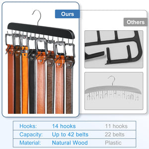 Resovo Belt Hanger for Closet Max 42 Belts, Sturdy Wood Belt Rack Closet Accessories with 14 Hooks Belt Organizer for Closet Org