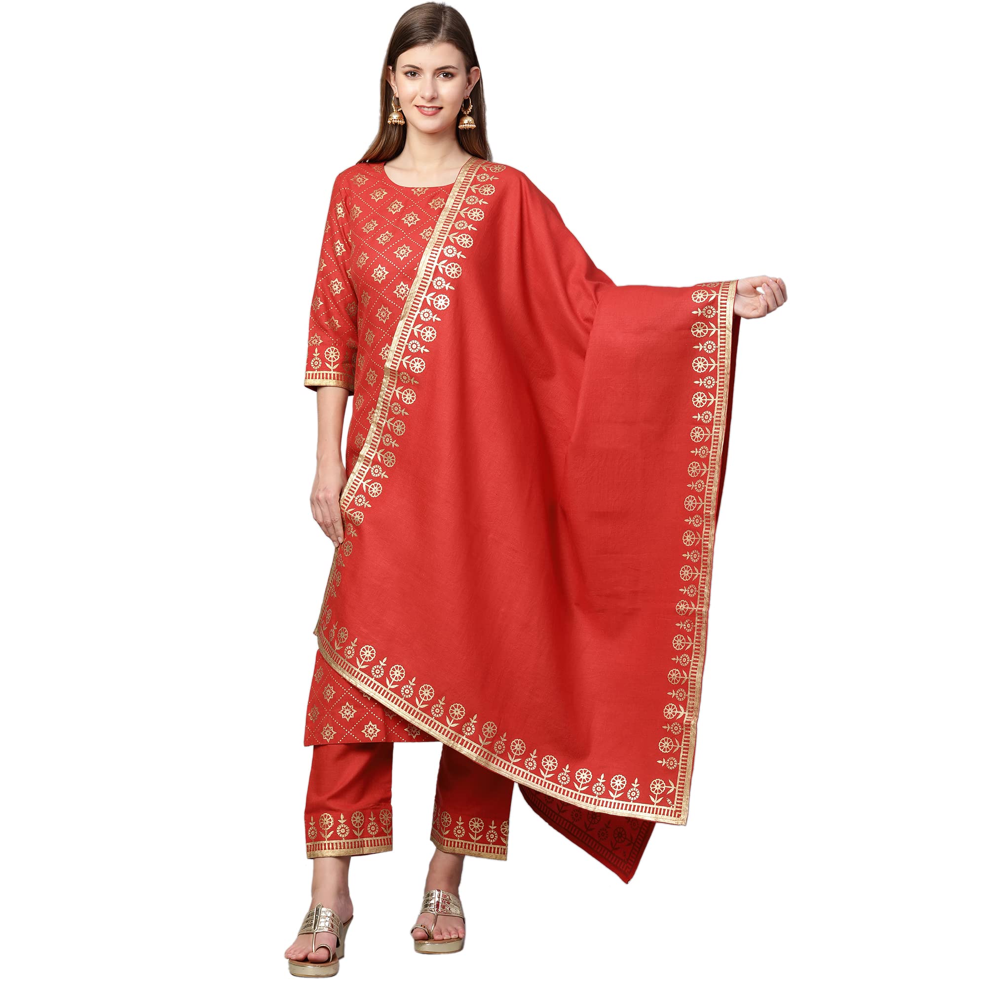 Gosriki Women'S Cotton Straight Kurta With Pant & Dupatta(Kptd-Cot-10061-Red_S-Go_Red_Small),Red,,B09N93H7MT