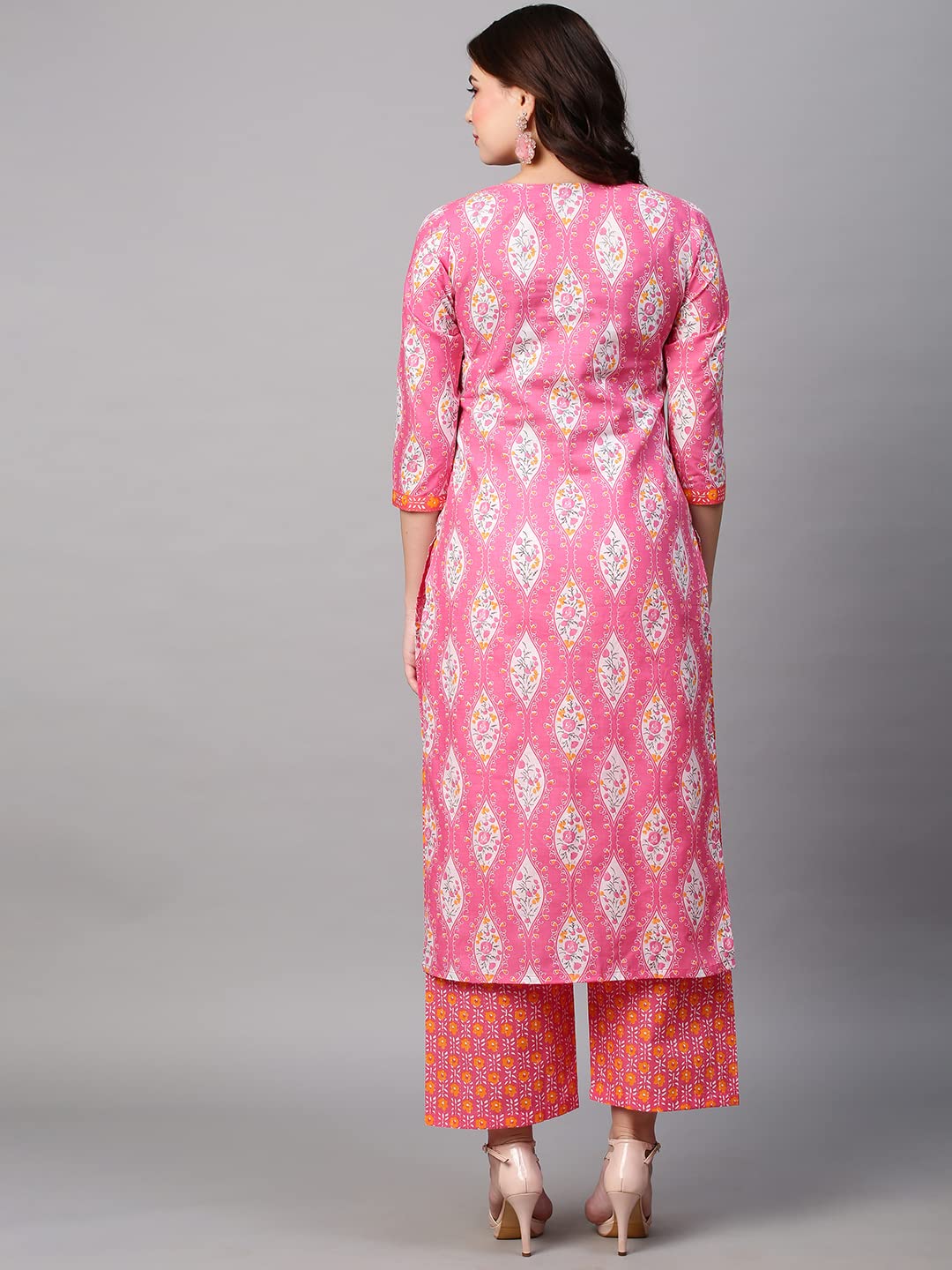 Anni Designer Women'S Cotton Blend Traditional Straight Printed Kurta With Pant Set (Natak Pink-Fbf001_M_Pink_Medium),Pink Light,M,Cotton Blend,Regular,Kurta