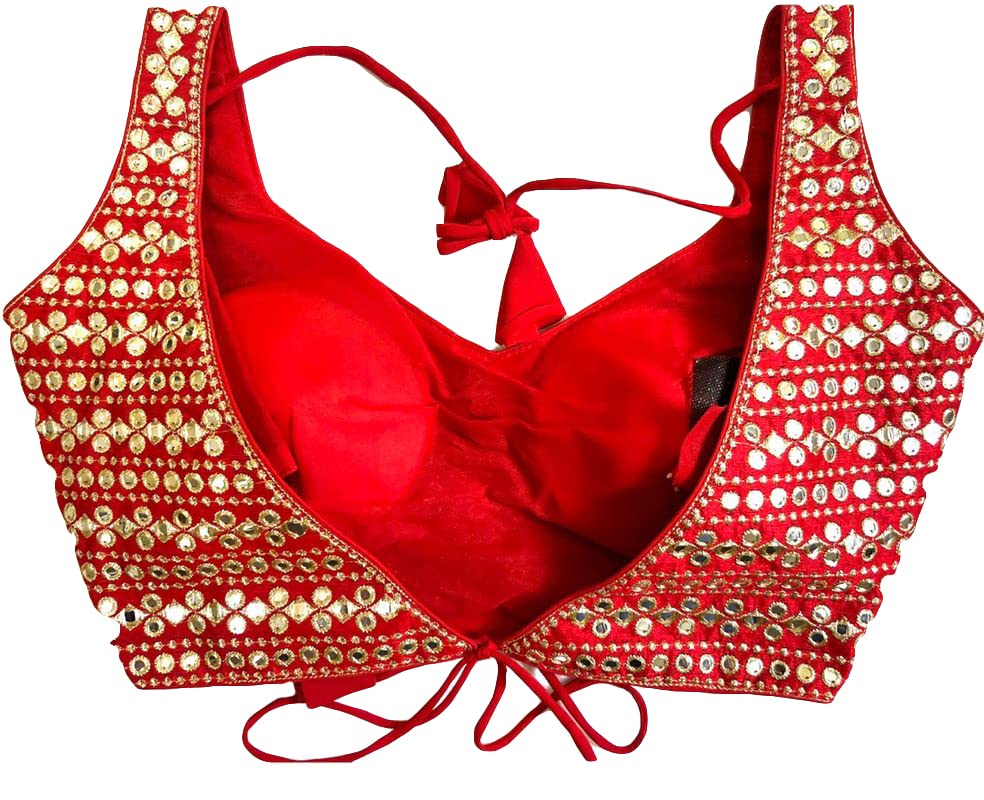 Vihu Fashion Womens Readymade Sweetheart Neck Sleeveless Mirror Saree Blouse.(Paper Foil Red_38)