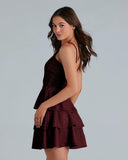 Addyvero V-Neck Shoulder Straps Sleeve Glam Glitter Ruffled Tiered Fit Above Knee Length Women Solid Fit And Flare Dress (Maroon, Xl)