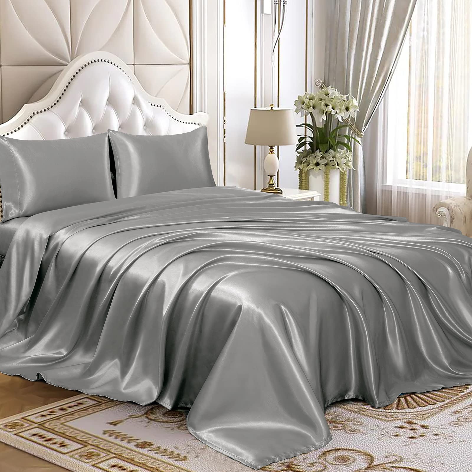 Homiest 4Pcs Satin Sheets Set Luxury Silky Satin Bedding Set With Deep Pocket, 1 Fitted Sheet + 1 Flat Sheet + 2 Pillowcases (Fu