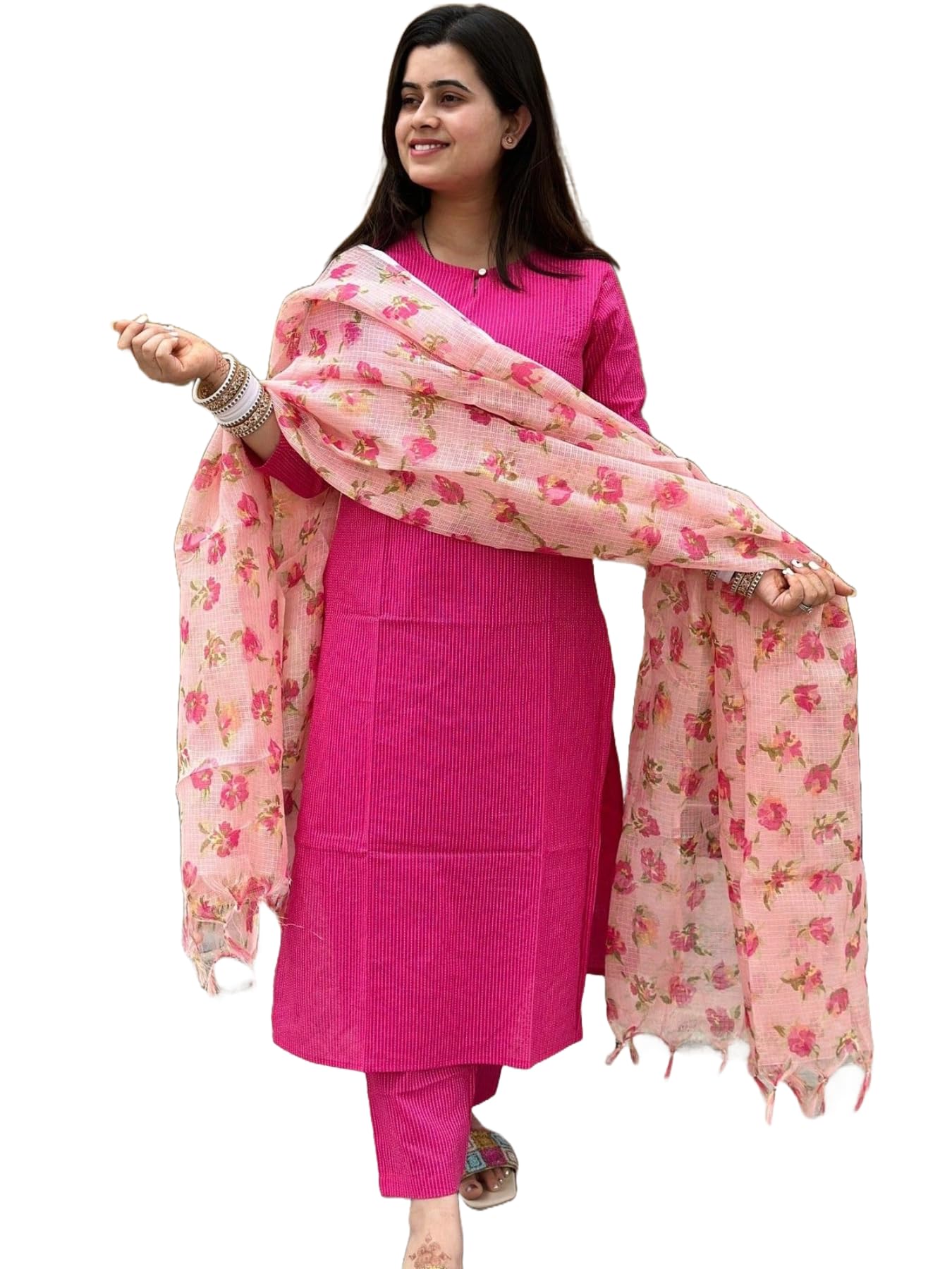 Anni Designer Women'S Rayon Blend Printed Straight Kurta With Pant & Dupatta (Barhai Pink_Xl_Pink_X-Large),Pink,XL,,,