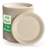 Vplus 350 Pack Paper Plates 7 inch 100% Compostable, Heavy-Duty Disposable Paper Plates Bagasse Natural Biodegradable Eco-Friend