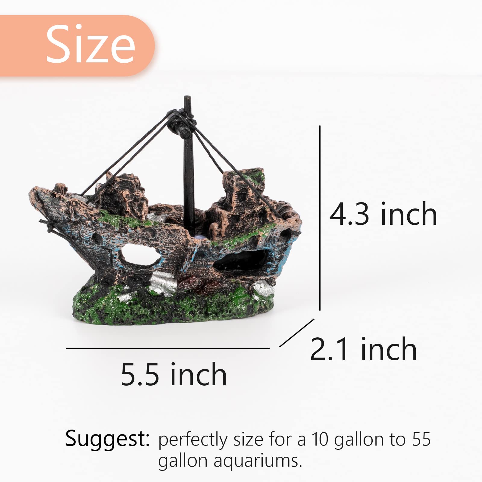 Raeasily Fish Tank Decoration - Aquarium Accessories,Shipwreck Decor,Resin Material Sunken Ship Decorations for Fish Favors, Mul