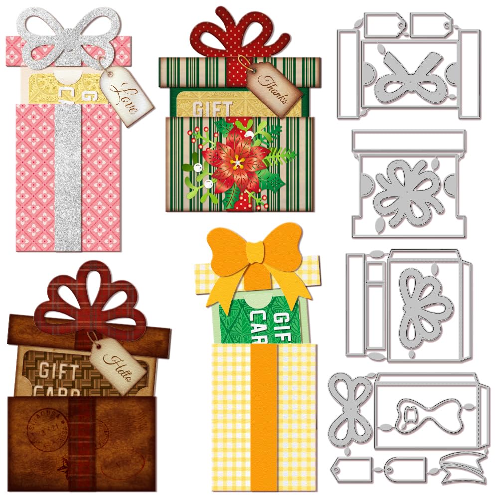 GLOBLELAND Gift Box Gift Card Holder Cutting Dies for Card Making Bow Gift Box Cut Die for DIY Scrapbooking Journal Embossing Pa