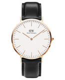 Daniel Wellington Classic Analog Watch For Man With White Round Dial & Black Leather Strap Band Water Resistant Men'S Wrist Watc