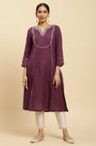 W For Woman Purple Embellished Cotton Long Kurta With Zari