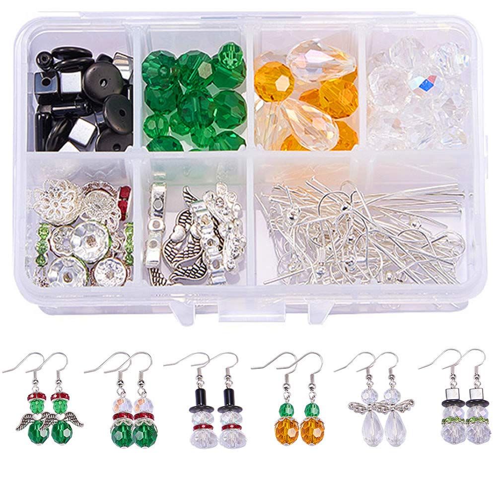 SUNNYCLUE 1 Box DIY Make 6 Pairs Crystal Bead Dangle Earring Making Starter Kits White Snowman Red Angel Glass Bead Christmas Tr