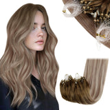 RUNATURE Micro Link Hair Extensions Human Hair Blonde Micro Bead Hair Extensions Real Human Hair Brown to Blonde Balayage Long P