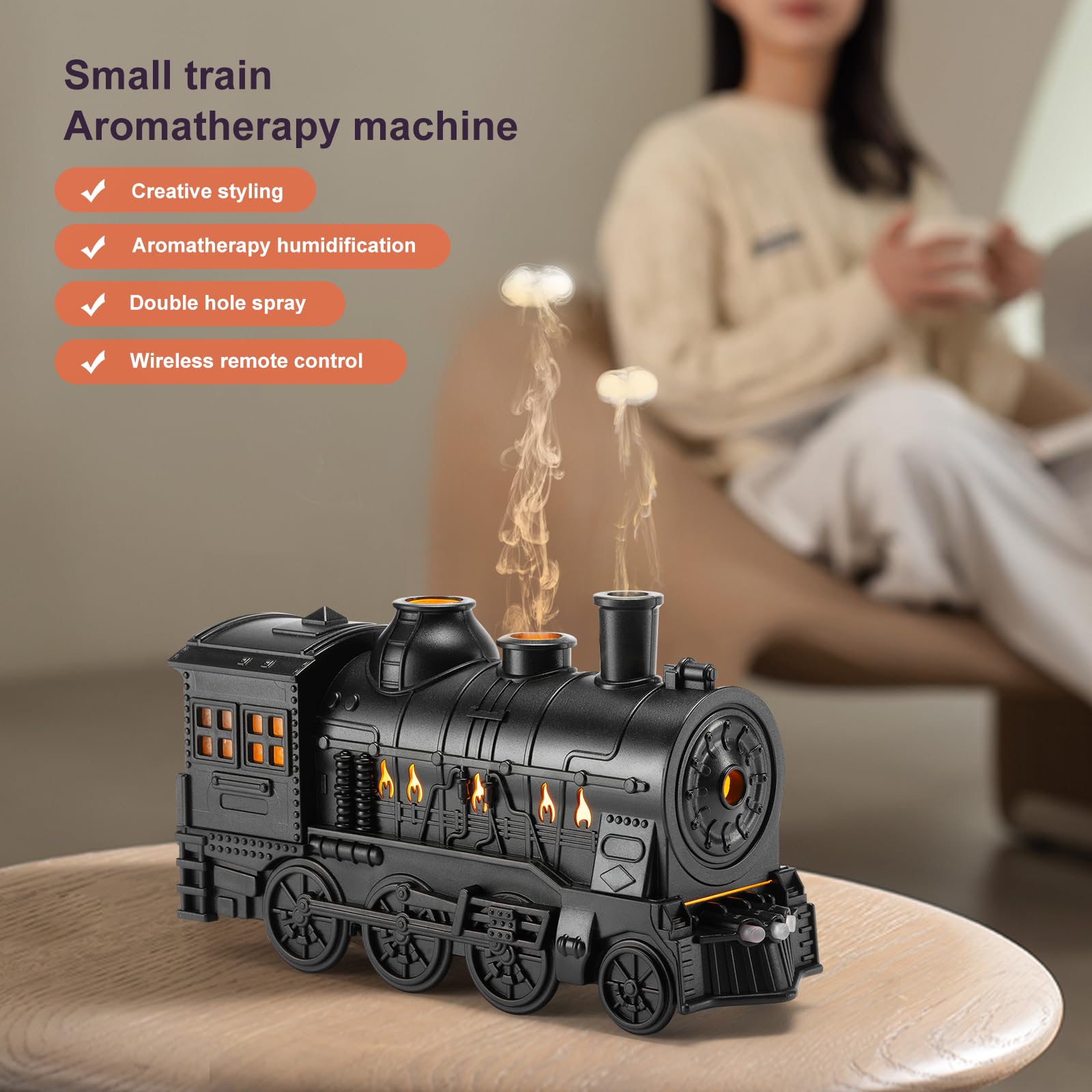 HIROGA Train Diffuser 300ml, Aromatherapy Diffuser Cool Mist Ultrasonic Aroma Train Diffuser with Remote Control 2 Light 2 Mist
