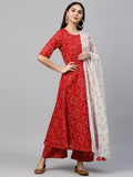 Anni Designer Women'S Cotton Anarkali Kurta With Palazzo & Dupatta (Ruchi Red_L_Red_Large),Red,L,Cotton Blend,Anarkali,Dupatta