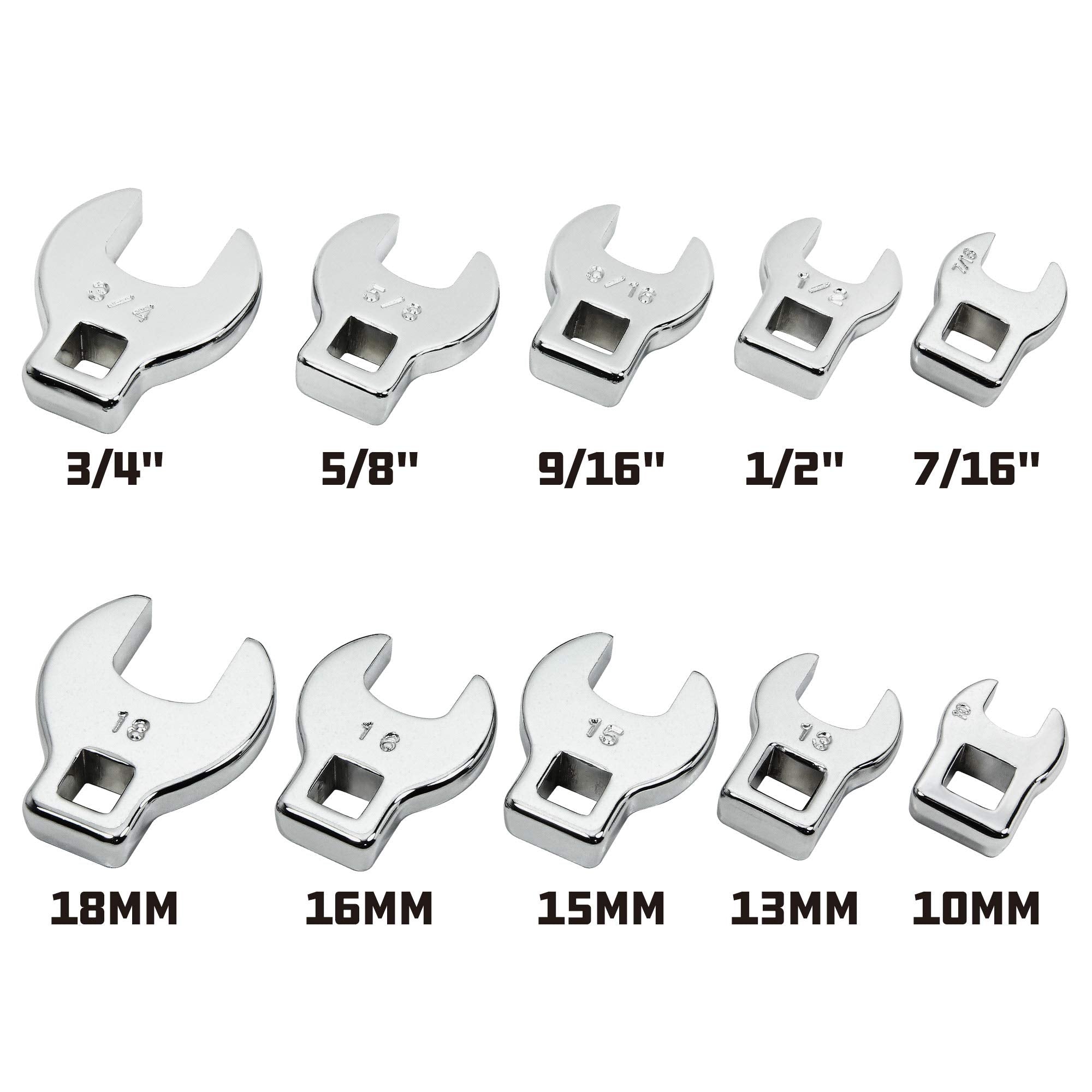 10 Piece 3/8 Inch Drive SAE and Metric Crowfoot Wrench Set