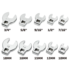 10 Piece 3/8 Inch Drive SAE and Metric Crowfoot Wrench Set