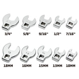 10 Piece 3/8 Inch Drive SAE and Metric Crowfoot Wrench Set