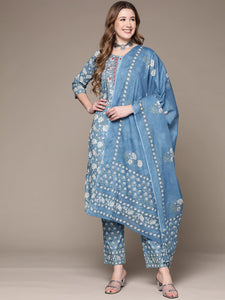 Anubhutee Women Blue Floral Printed Pure Cotton Kurta With Trousers & Dupatta Blue L
