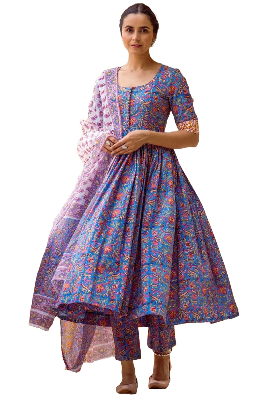 Anni Designer Women'S Rayon Blend Printed Anarkali Kurta With Pant & Dupatta (Mytee Multi_Xl_Multicolor_X-Large),Multicolour,XL