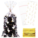 Yexiya 100 Pcs Goose Candy Bags Cellophane Clear Treat Goodie Bags with Ribbon Bows White Goose Printed Plastic Snack Bag for Ch