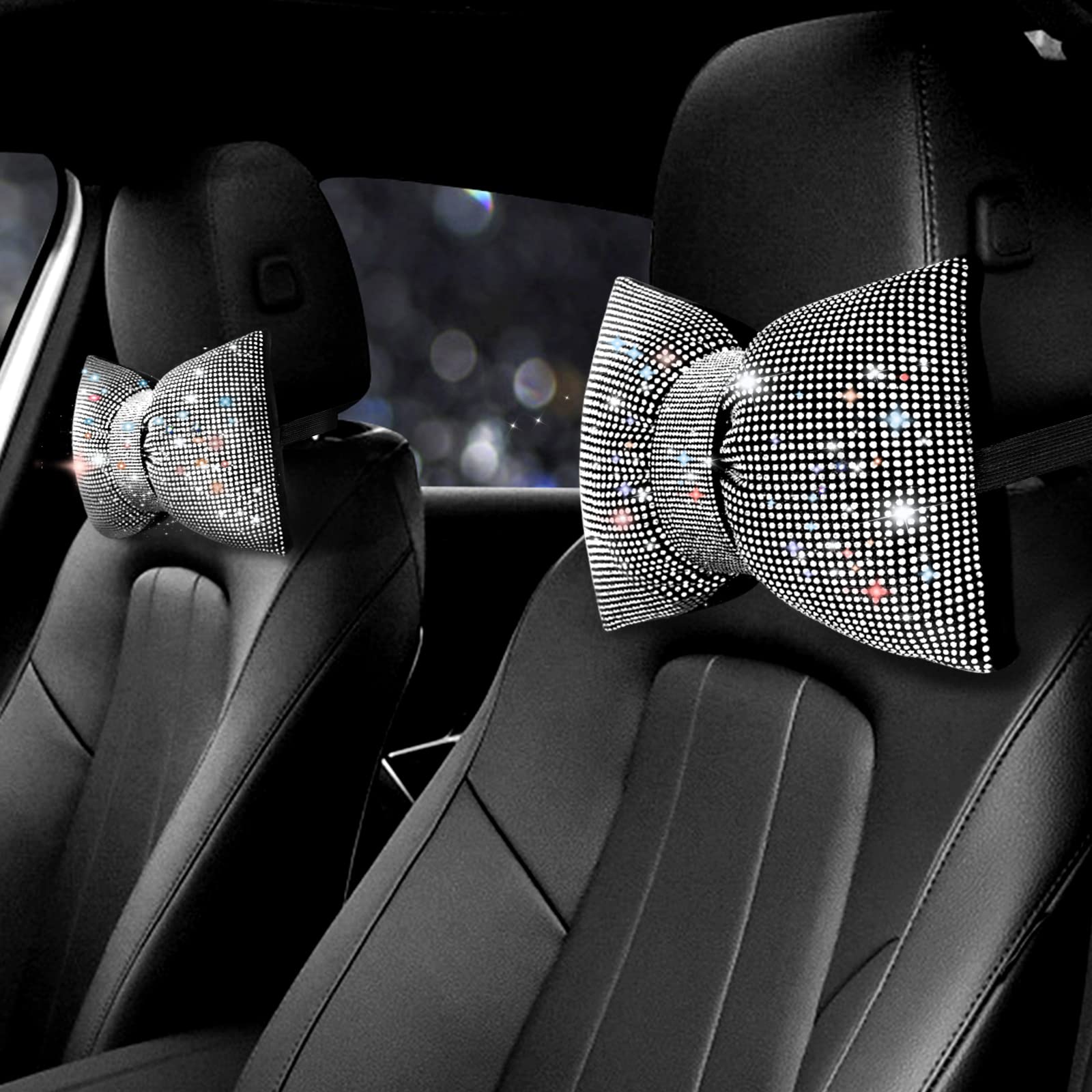 surpassme Rhinestone Car Headrest Neck Pillow for Driving with Bling Bling Crystal Bows Pillow Car Accessories for Women