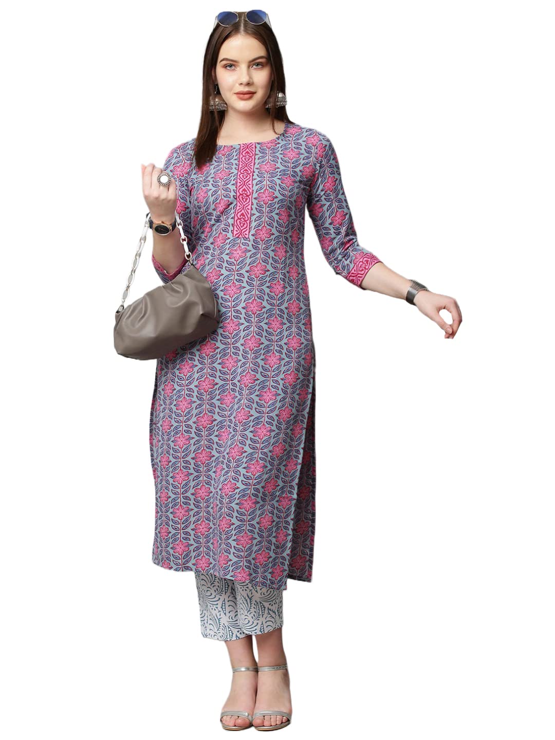 Anni Designer Women'S Cotton Blend Straight Printed Kurta With Palazzo (Pawan Purple_S_ Purple_Small),Purple,S