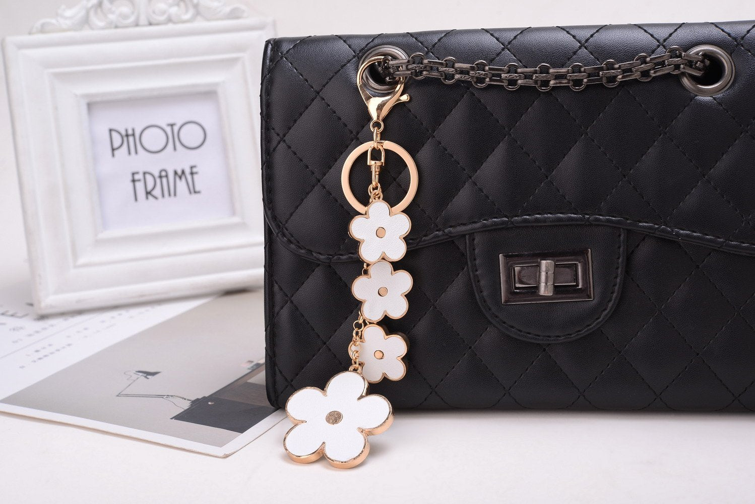 Giftale Women's Flower Bag Charms White Enameled Keychain Purse Accessories,#526-1D