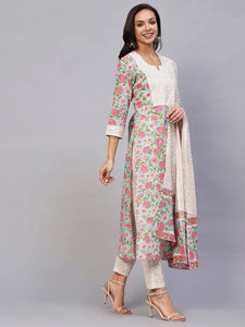 Gosriki Women'S Cotton Blend Straight Printed Kurta With Pant & Dupatta (Spring Green-Gs_M_Green_Medium),Green,,B0C2PKQ8LR