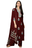 GoSriKi Printed viscose rayon kurta, straight, with trousers and Dupatta, Bordeaux Red, Medium