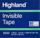 Highland 6200 Invisible Tape, 0.75 Inch x 36 Yards, Matte