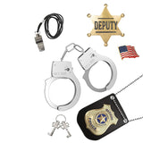 Police Badge and Pretend Play Toy Set - Metal Handcuffs With Key, American Flag Waving Lapel Pins, Whistle, NYPD Deputy Badge - 