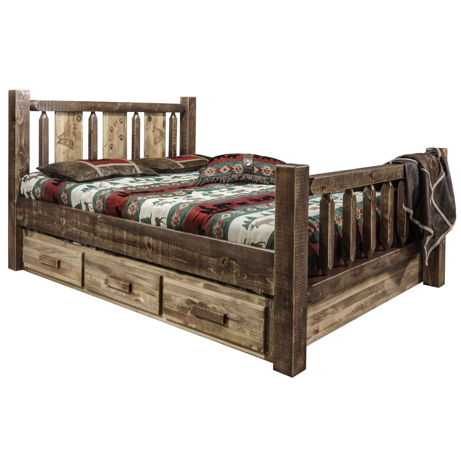 Montana Woodworks Homestead Collection Single Storage Bed With Laser Engraved Wolf Design, Stain & Clear Lacquer