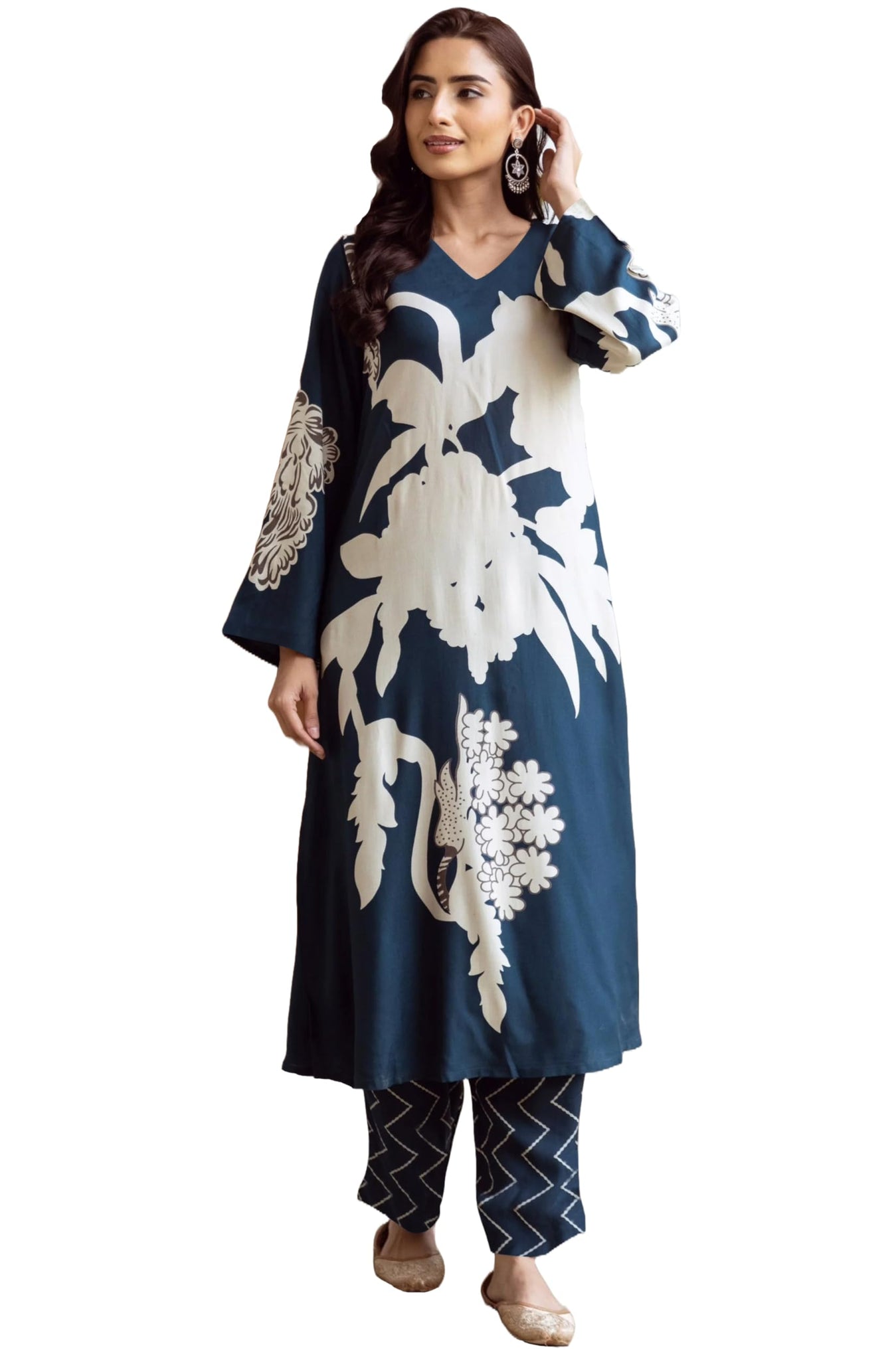 Anni Designer Women'S Rayon Viscose Straight Printed Kurta With Palazzo (Cukari Blue-Vks03_Xl_Blue_X-Large),Blue,XL