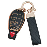 AIOEUOIA For Dodge Key Fob Cover With Leather Keychain Keyless Entry Remote Control Key Case Protector Fit For Chrysler Town and