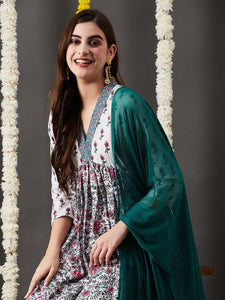 Anni Designer Women'S Cotton Blend Anarkali Printed Kurta With Pant & Dupatta (Toki White_Xl_White_X-Large),White,XL,,,